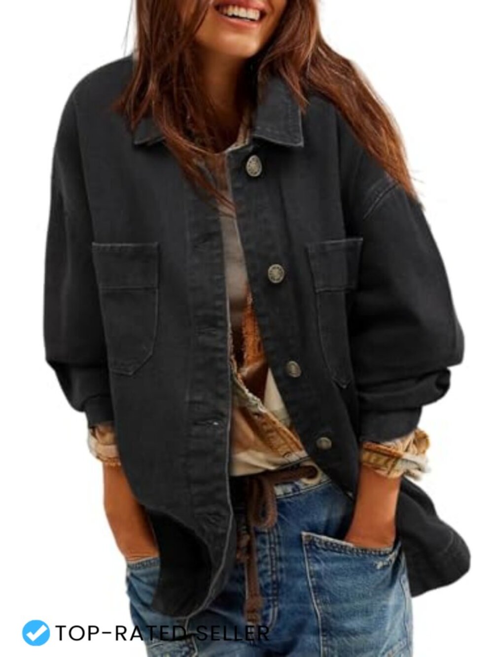Sidefeel Women's Oversized Boyfriend Jean Jacket Long Sleeve Denim